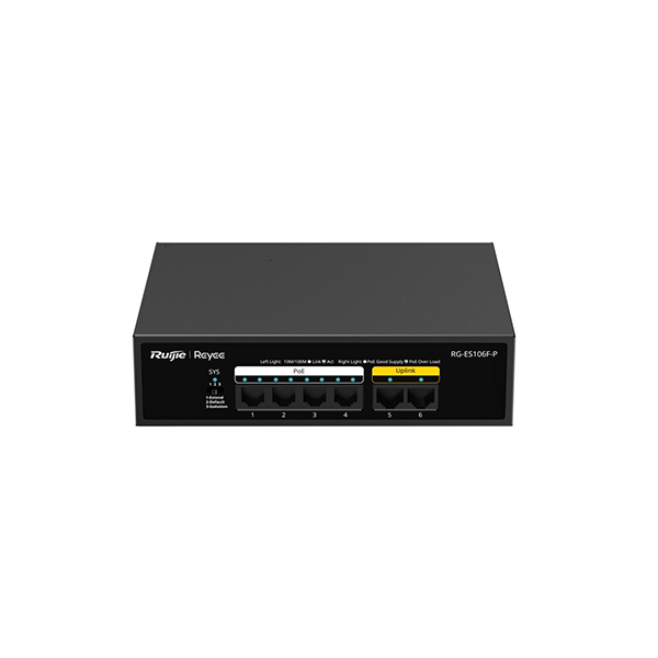 REYEE RG-ES106F-P 6 PORT 4X 10/100 MBPS + 2X 10/100 MBPS UPLINK 54W YÖNETILEMEZ METAL SWITCH