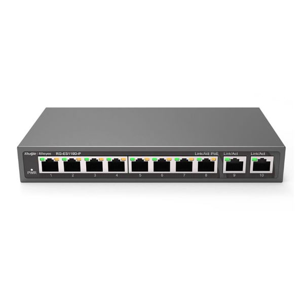 REYEE RG-ES110D-P 10 PORT 8X 10/100 + 2X GIGABIT RJ45 UPLINK METAL KASA 110W POE SWITCH